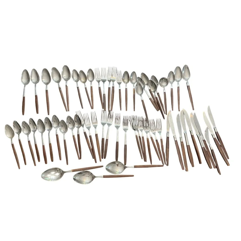 Ekco Eterna Canoe Muffin Flatware Set Mid Century Modern Wood Handle Japan 60pc
